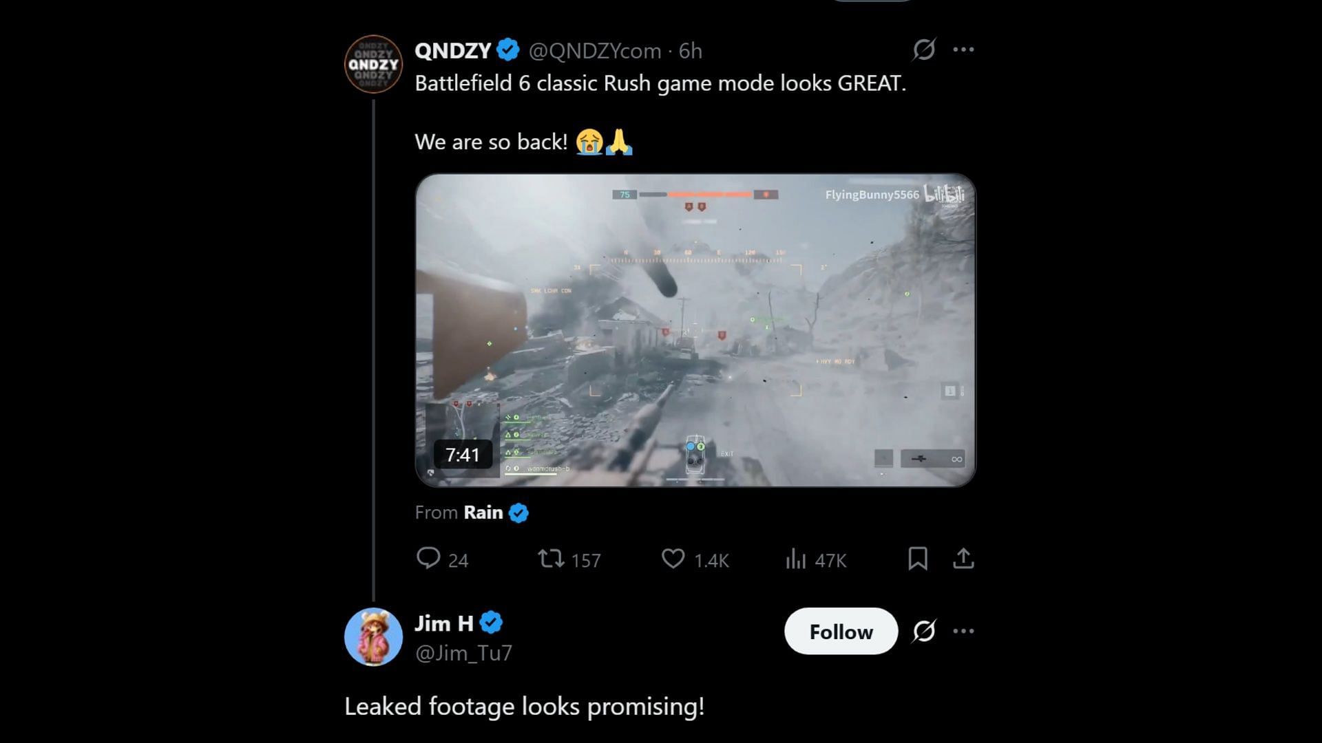 An X user commenting about new leaked Battlefield 6 Rush gameplay footage (Image via X)